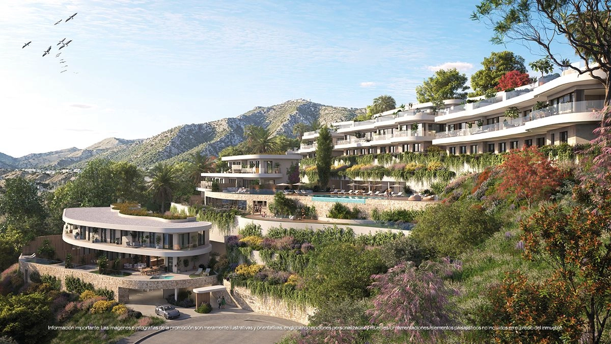 Den terrasserade arkitekturen säkerställer avskildhet och maximerar den fantastiska bergs- och havsutsikten för varje bostad.