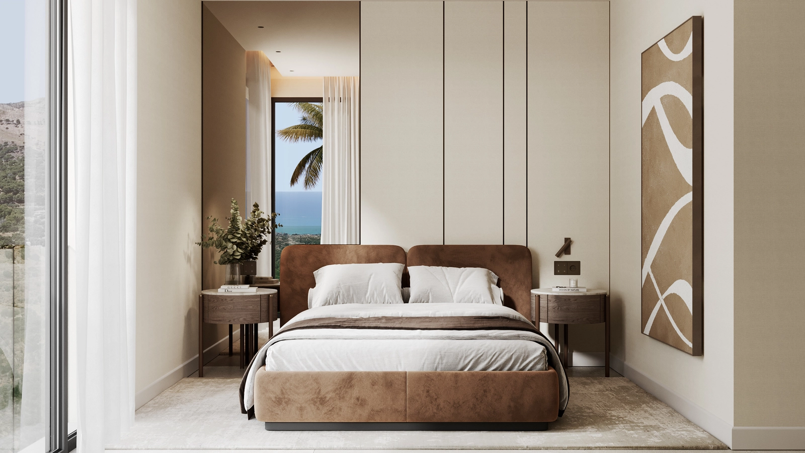Vakna upp till fridfull utsikt från det elegant designade sovrummet.