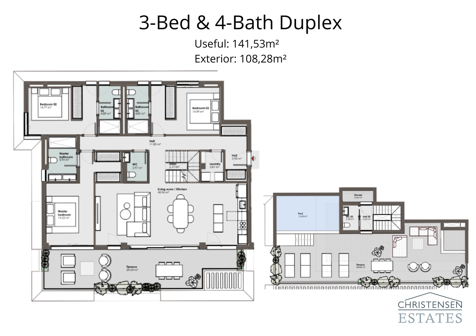 Denna duplexplanlösning framhäver en design i flera plan med privata sovrum och en fantastisk takterrass med pool.