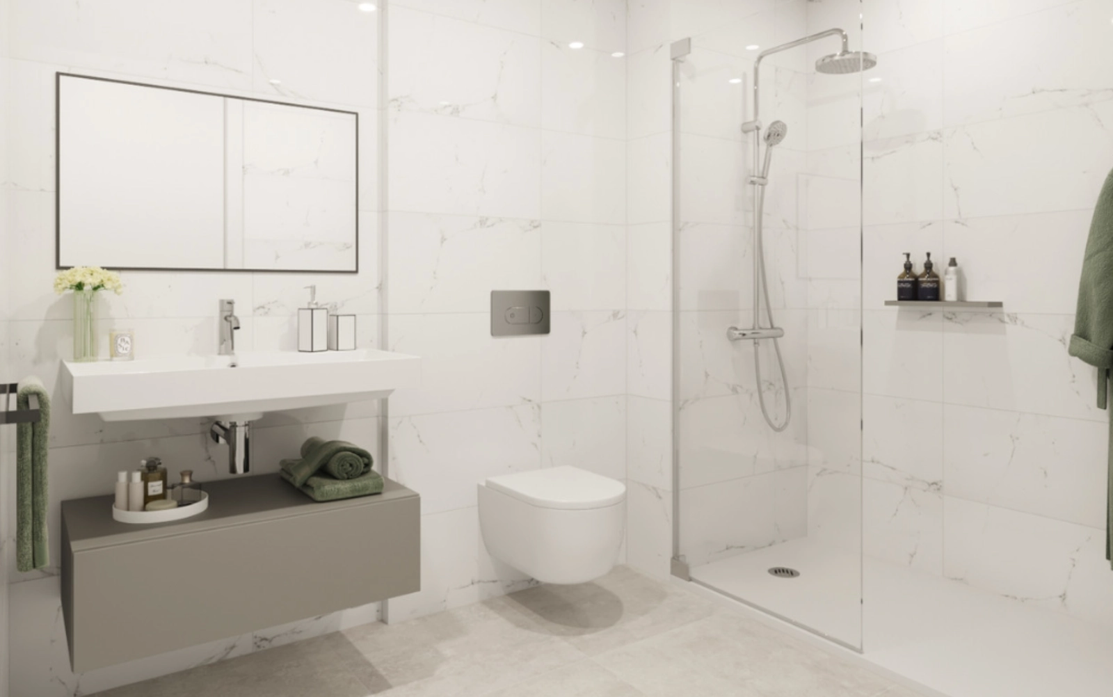 Ett elegant och modernt badrum med högkvalitativa ytskikt och en rymlig walk-in-dusch.