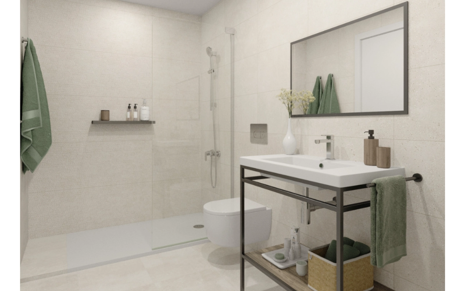 Samtida badrumsdesign med eleganta armaturer och rena linjer för en spa-liknande känsla.
