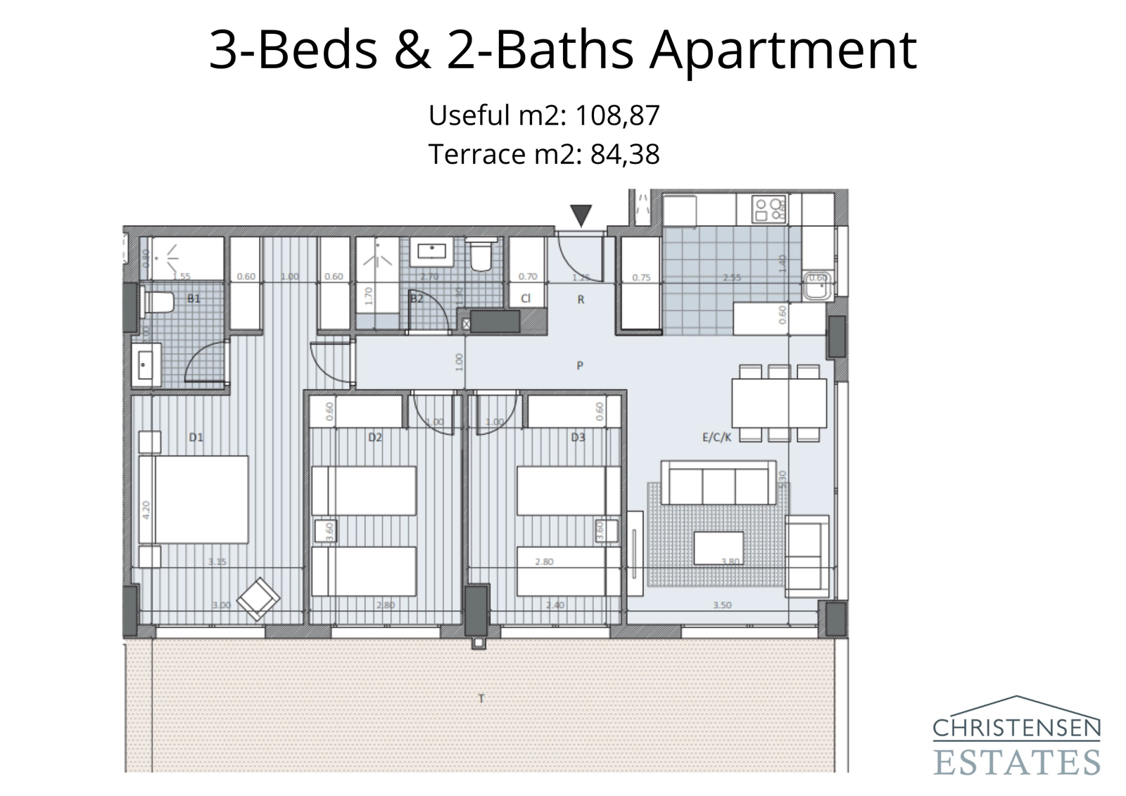 Denna planlösning för en lägenhet med tre sovrum har ett rymligt vardagsrum och kök som öppnas mot en expansiv terrass, perfekt för en inomhus-utomhuslivsstil.