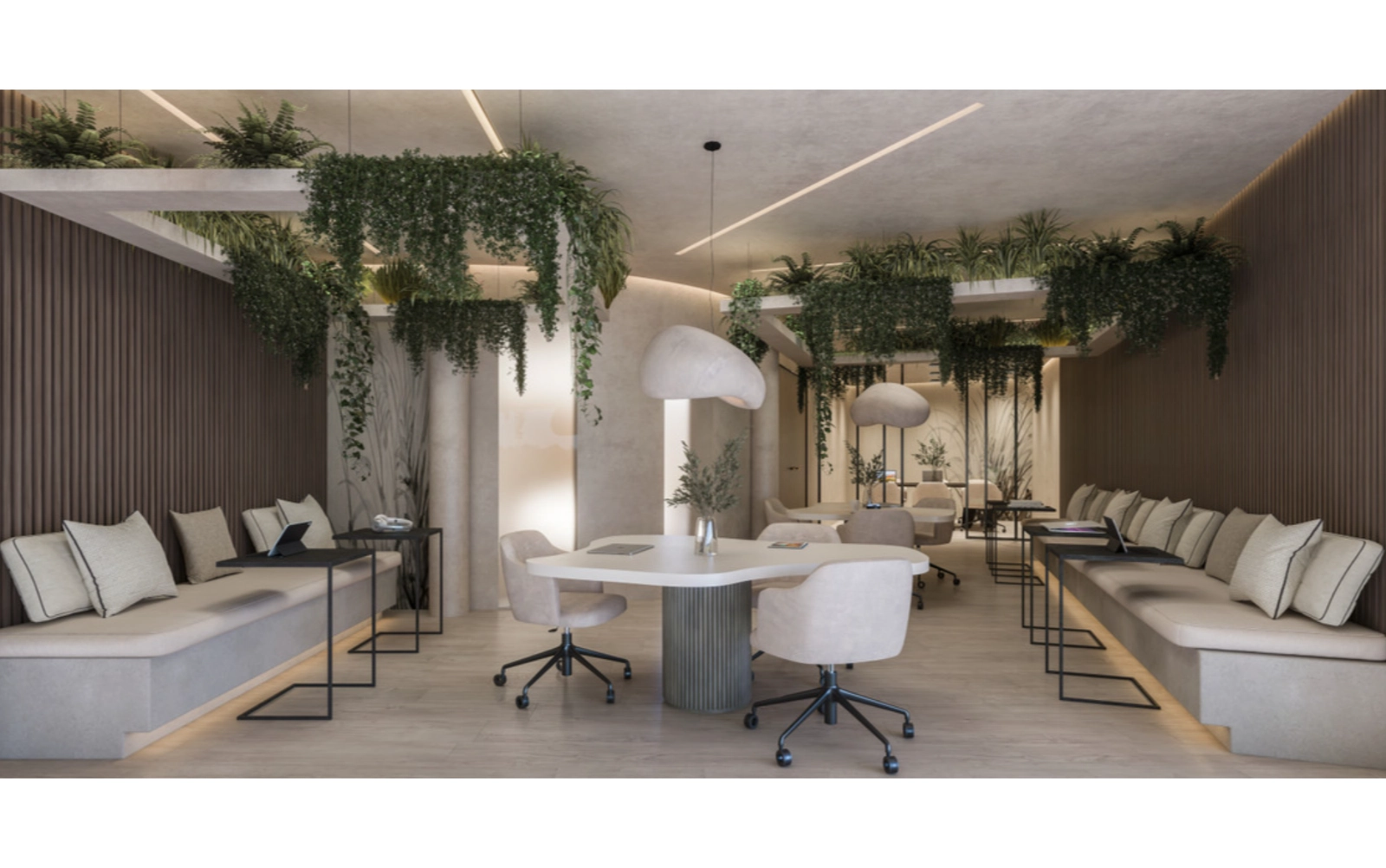 En modern co-working-yta gör det möjligt för boende att arbeta eller träffas i en professionell miljö.