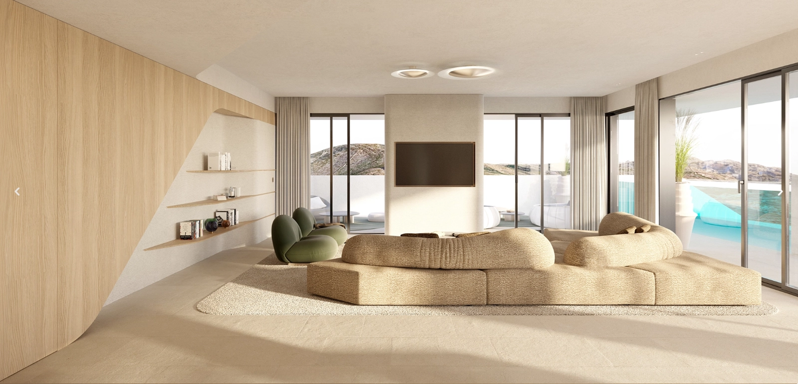 Interiörerna har naturliga toner och texturer, vilket skapar en varm och elegant atmosfär för avkoppling eller umgänge.