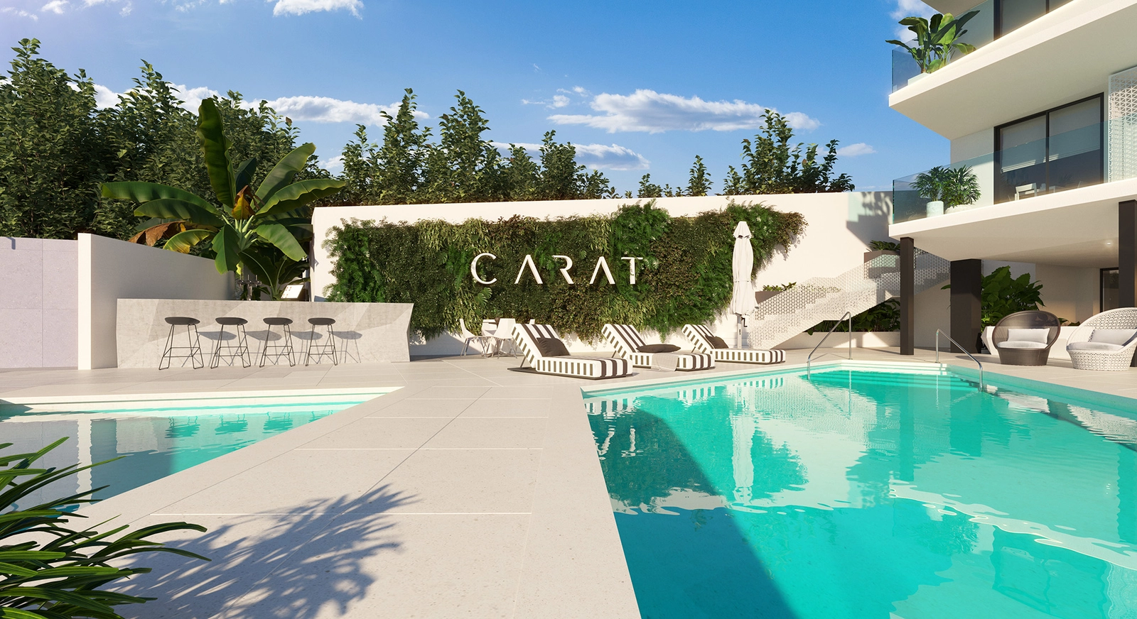 Den gemensamma poolen och loungeområdet erbjuder en perfekt tillflyktsort för soliga eftermiddagar.