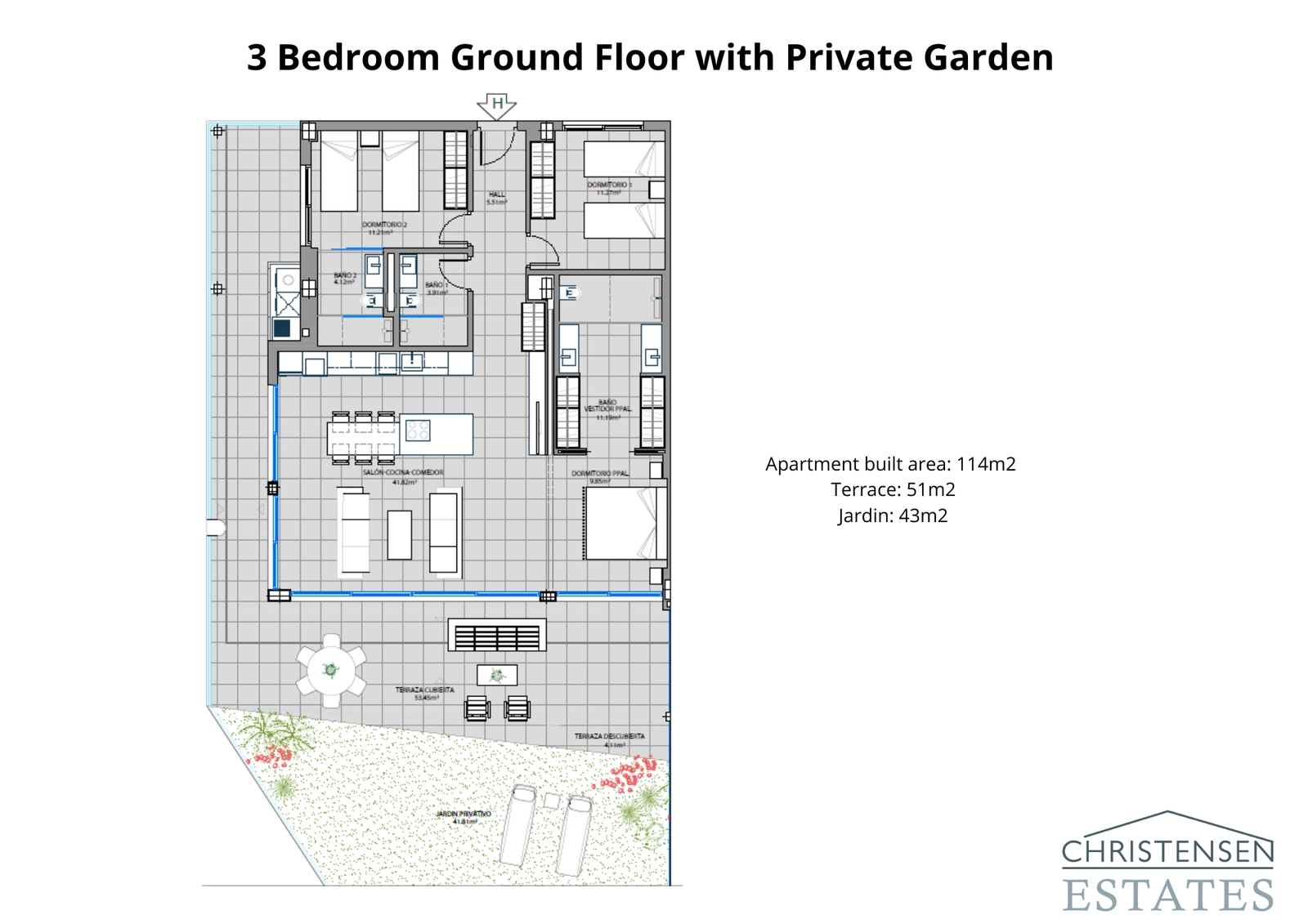 Rymlig planlösning för en markplanslägenhet med tre sovrum, som smälter samman sömlöst med en generös terrass och privat trädgård, perfekt för utomhusliv.