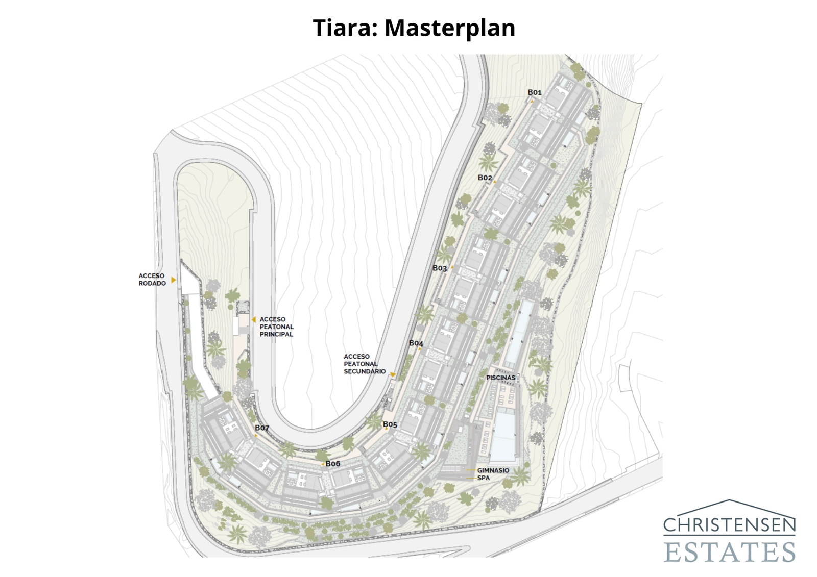 Masterplanen illustrerar den genomtänkta placeringen av de sju bostadshusen för att maximera utsikt, avskildhet och tillgång till de gemensamma trädgårdarna och poolerna.