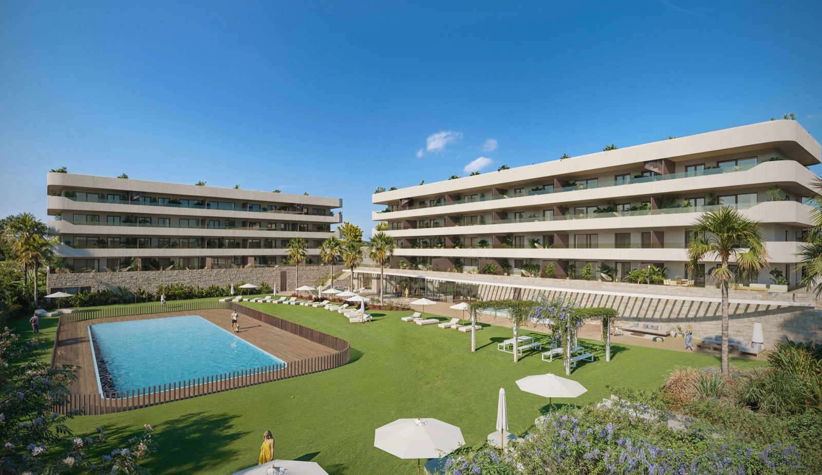 Residenset har fantastisk modern arkitektur omgiven av gröna gräsmattor och en stor central pool.