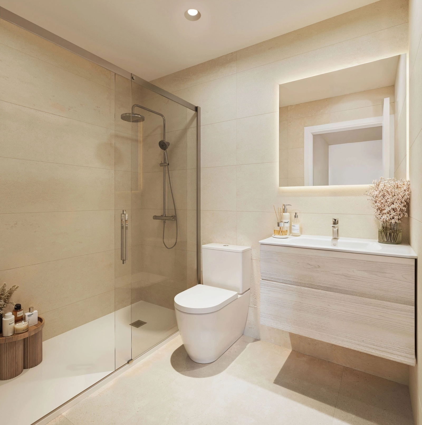 Ett stilrent badrum med duschkabin och modern design.
