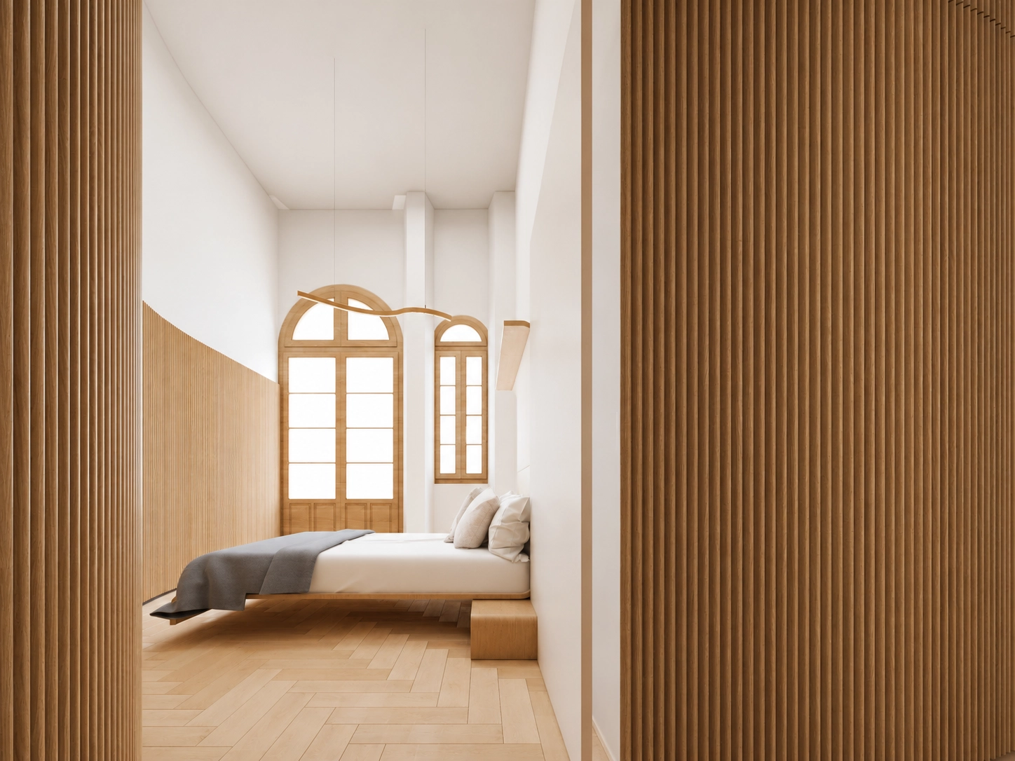 Sovrummen är designade som fridfulla tillflyktsorter, med naturliga trägolv och minimalistisk stil.