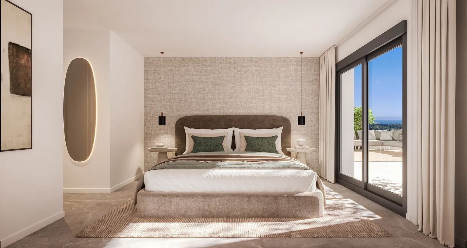 Master bedroom är en fridfull tillflyktsort, med direkt tillgång till terrassen och vackert naturligt ljus.