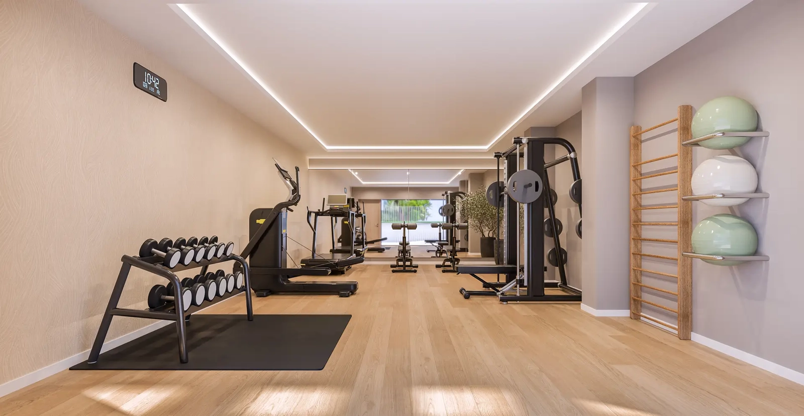 Håll dig aktiv och frisk i det fullt utrustade gymmet på plats, tillgängligt exklusivt för de boende.