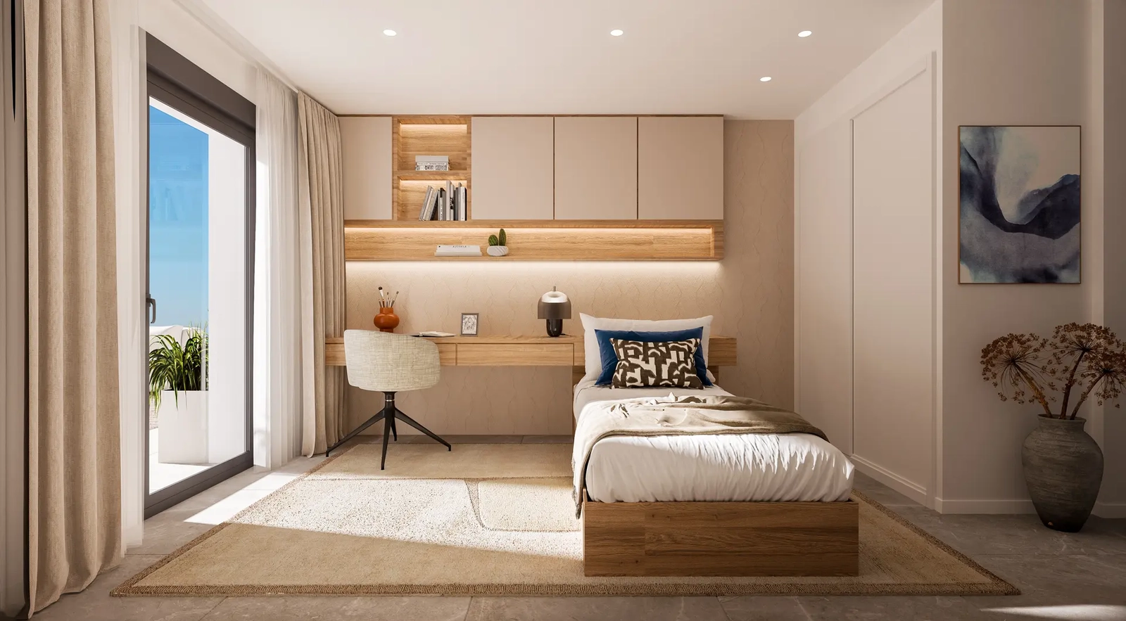 Ett välinrett andra sovrum, designat med komfort och stil i åtanke, perfekt för familj eller gäster.