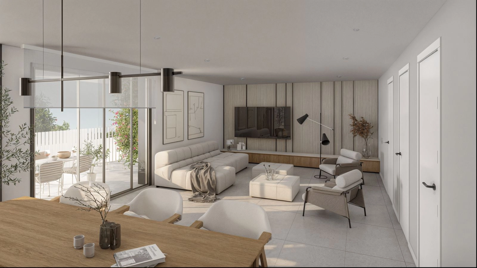 Ljusa och rymliga vardagsrum designade för komfort, med sömlös övergång till den privata terrassen.
