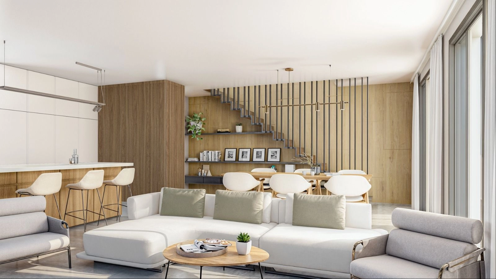 En öppen planlösning som kombinerar modern design med en varm, inbjudande atmosfär.