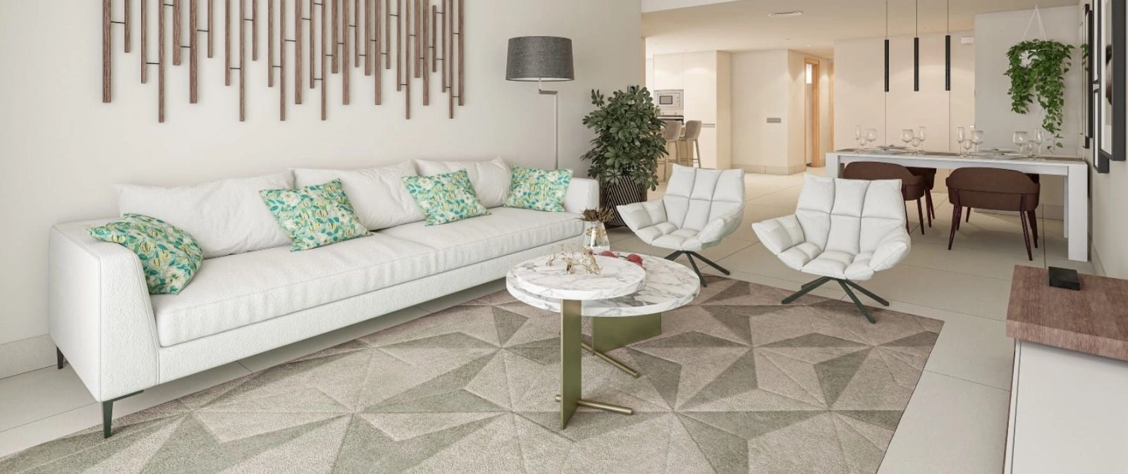 Eleganta och ljusa vardagsrumsytor är designade för att maximera utrymme och naturligt ljus, vilket skapar en välkomnande atmosfär.