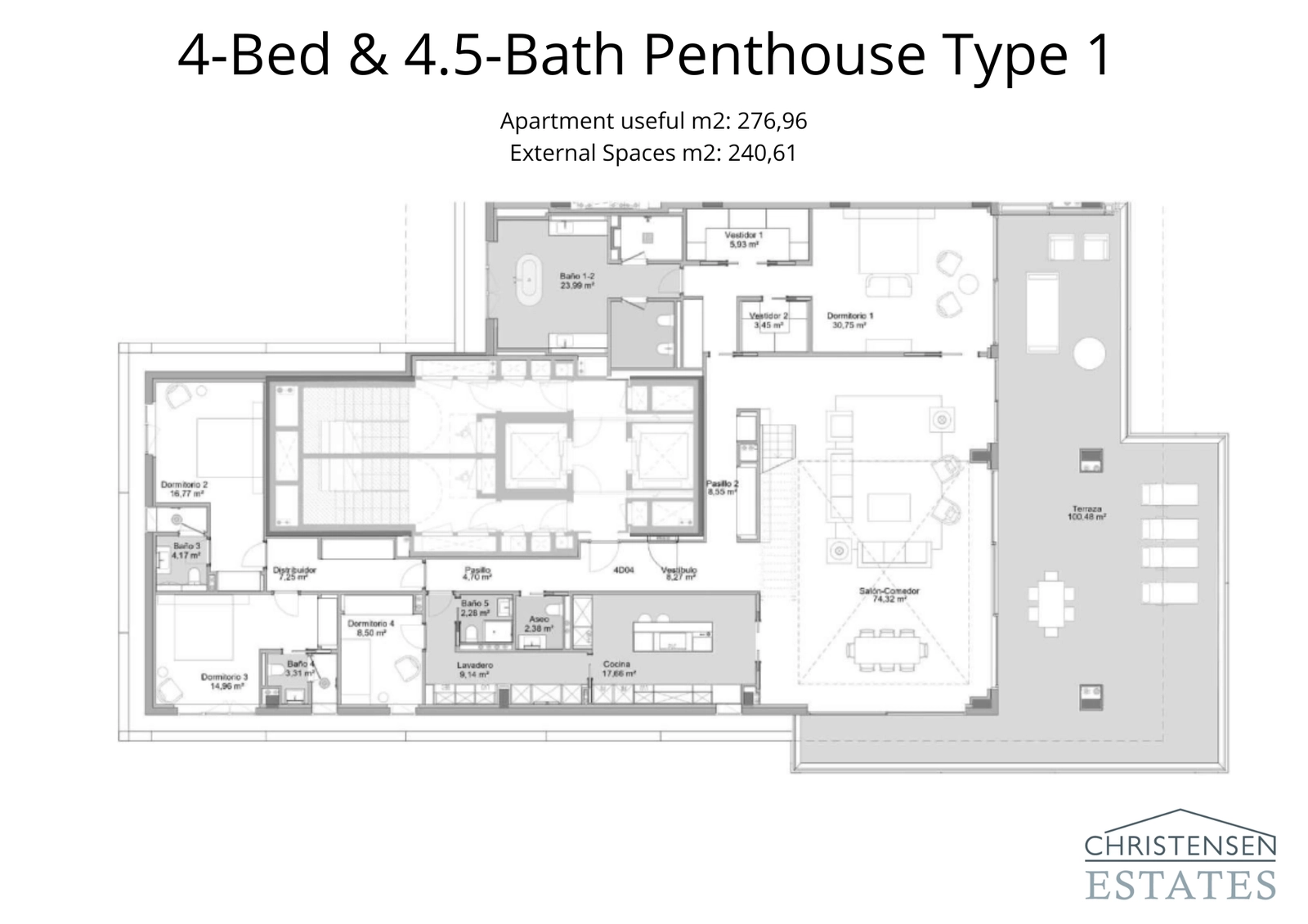Denna rymliga etagelägenhet med fyra sovrum är designad för lyxigt boende, med ett expansivt vardagsrum som sträcker sig ut till en magnifik 153 m² stor terrass, som erbjuder enastående havsutsikt.