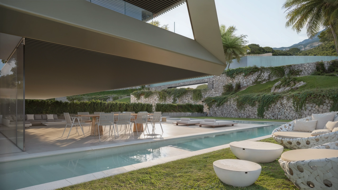 Lägenheter på bottenvåningen öppnar upp mot vackra privata trädgårdar och egna simbassänger, perfekt för familjer och utomhusliv.