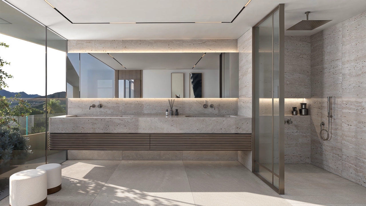 Ett vackert inrett badrum med premiummaterial, dubbelkommod och en rymlig walk-in-dusch.