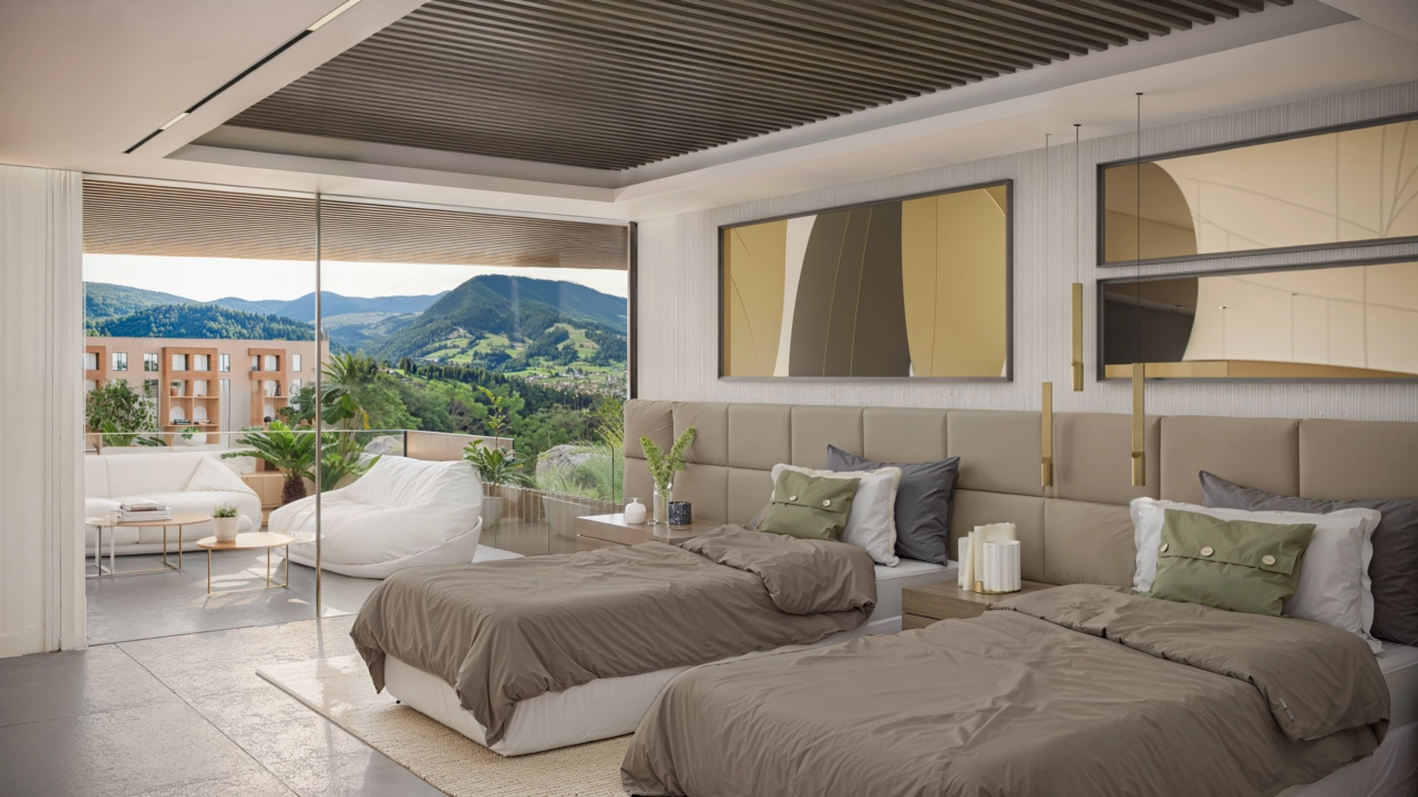 Gästsovrummen är generöst tilltagna och har stora fönster som släpper in det vackra landskapet och naturligt ljus.