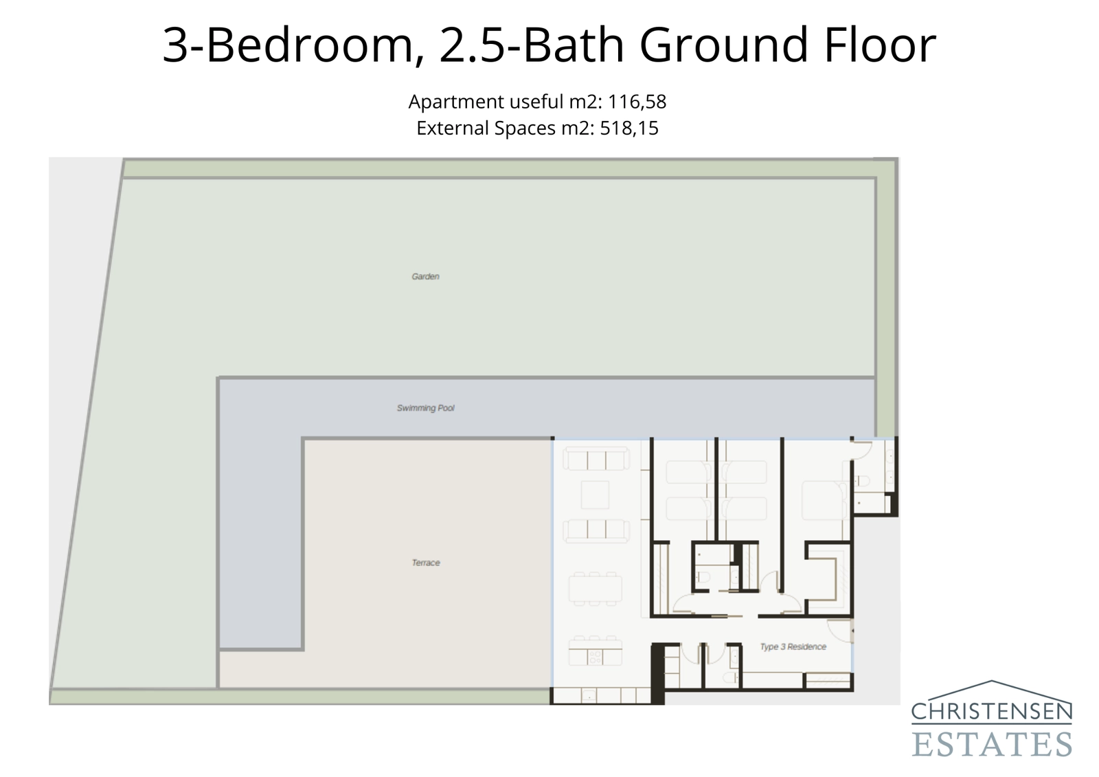 Denna rymliga bostad med tre sovrum på bottenvåningen har en exceptionellt stor privat trädgård och poolområde, perfekt för ultimat avskildhet och underhållning.