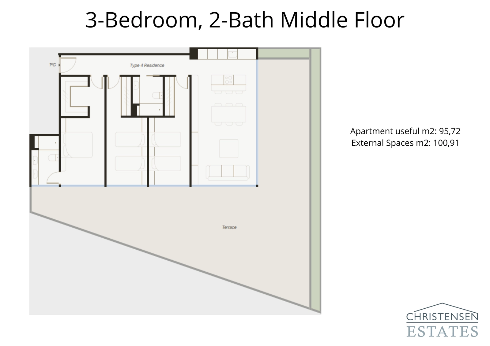 Planlösningen för detta hem med tre sovrum betonar öppen planlösning med en generös hörnterrass för att maximera utsikten och utomhusnjutningen.