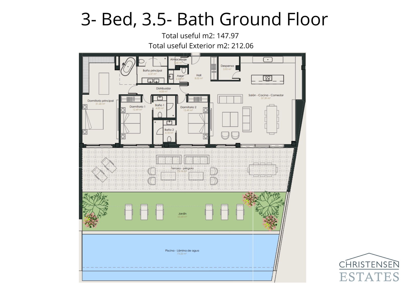 Detta hem på bottenvåningen med tre sovrum förbinder rymliga interiörer med en generös terrass, privat trädgård och pool.