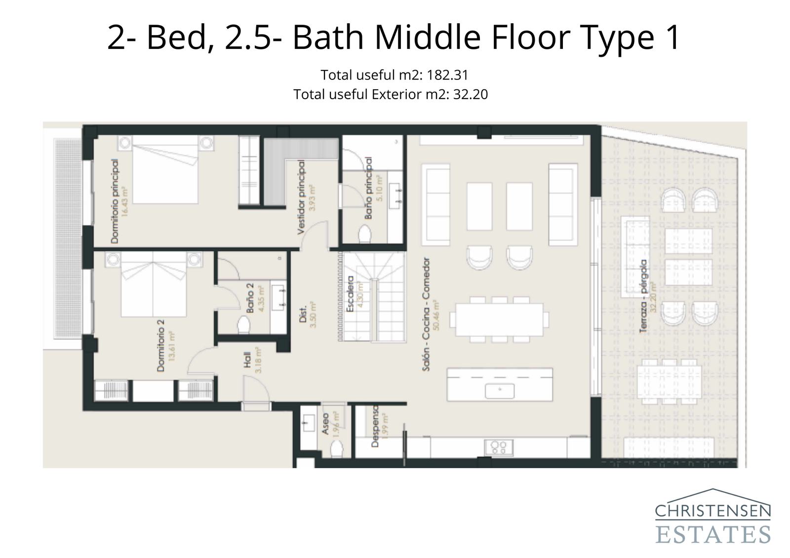 Denna lägenhet med två sovrum erbjuder en generös öppen planlösning som sträcker sig ut till en rymlig terrass, perfekt för underhållning.