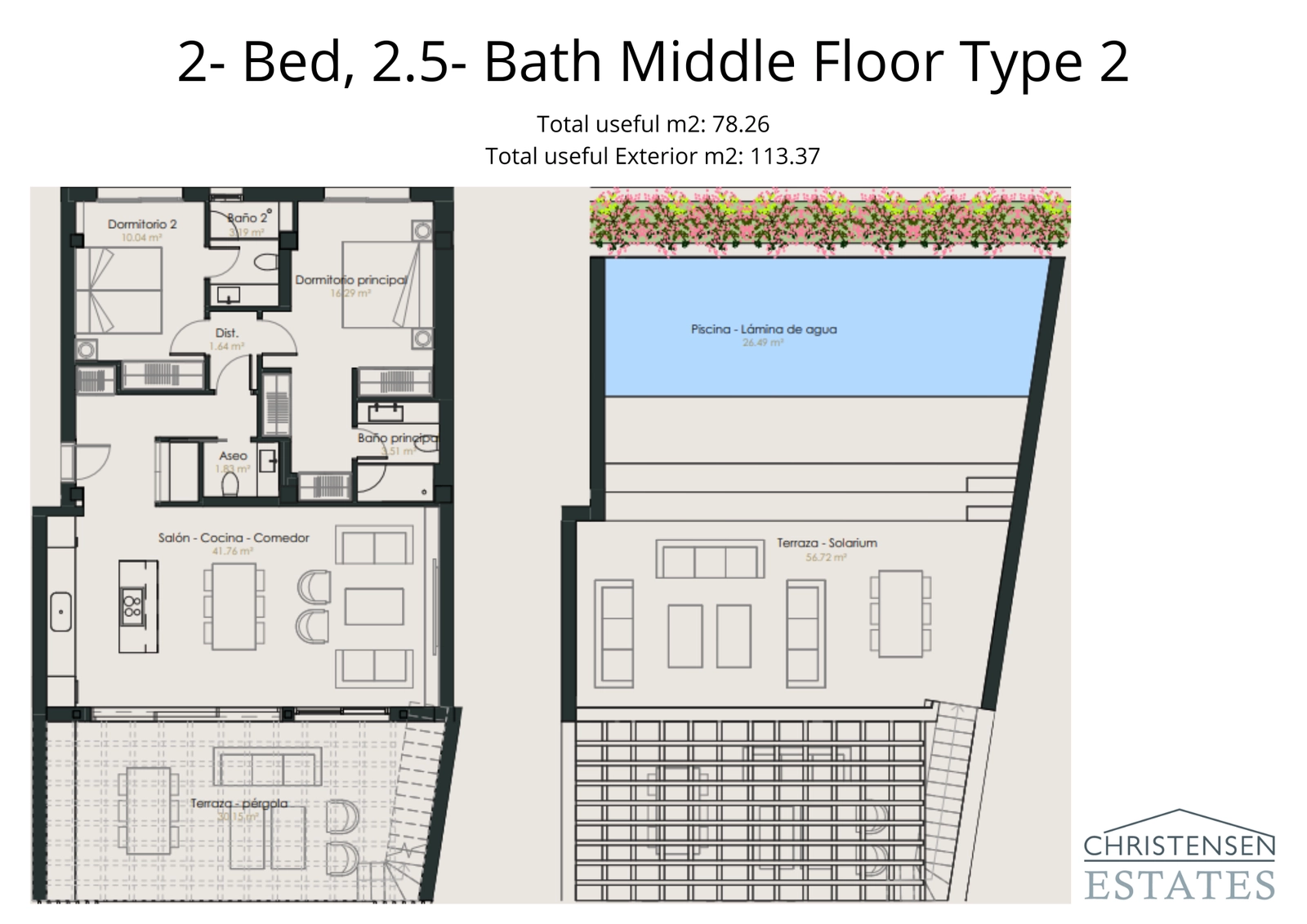 En genomtänkt designad bostad med två sovrum, med ett expansivt taksolarium och privat pool för den ultimata avkopplingen.