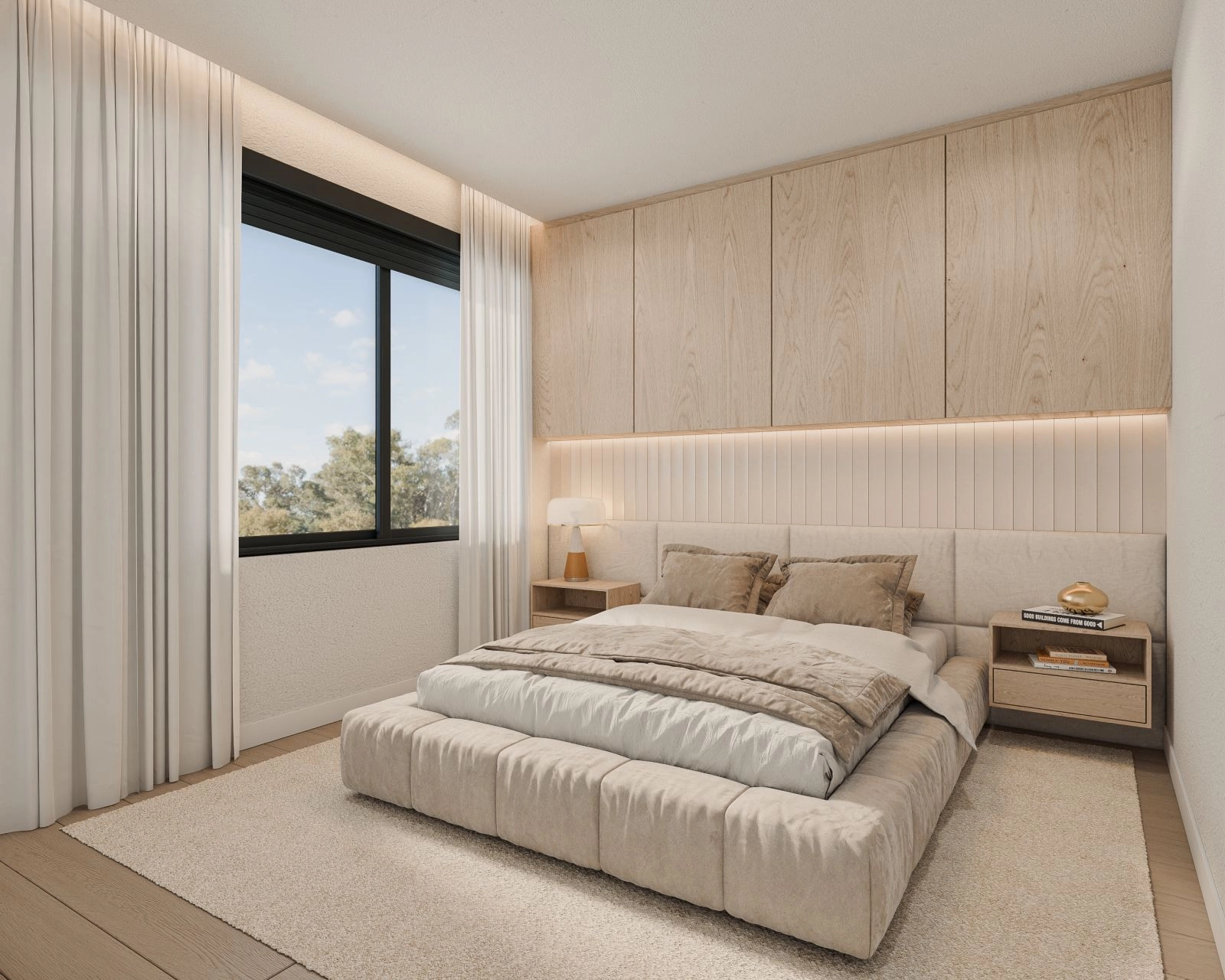 Ett mysigt och elegant gästrum designat med komfort och stil i åtanke.