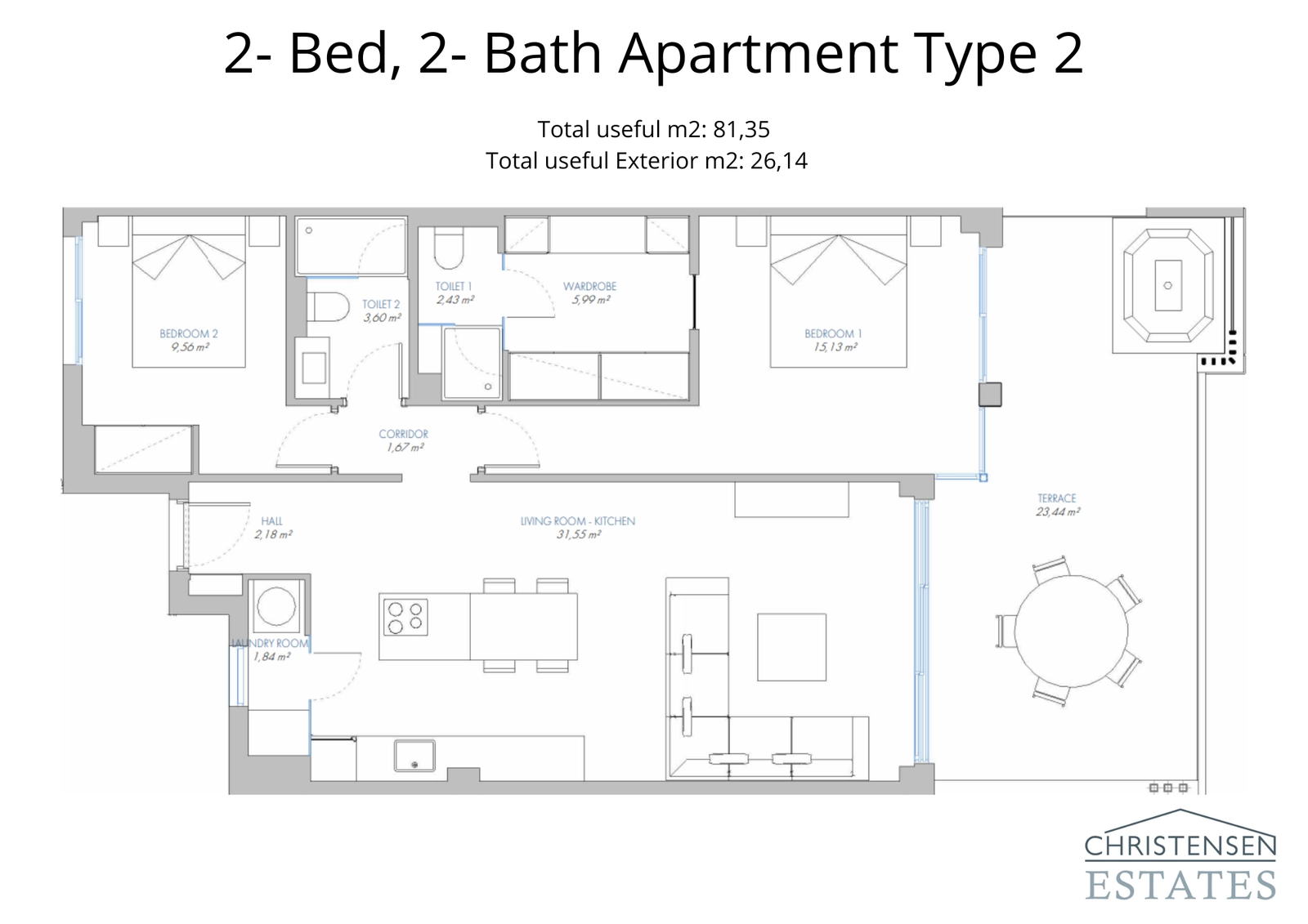 En alternativ design för en lägenhet med två sovrum, som visar effektiv användning av utrymme och en privat terrass för att njuta av utsikten.