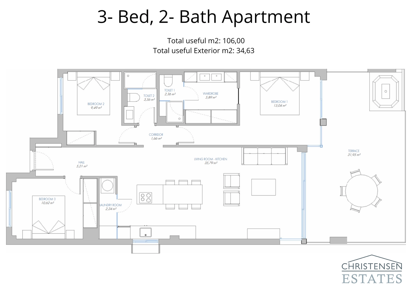 Generös planlösning med tre sovrum designad för familjeliv, med sömlöst flöde mellan vardagsrum och utomhusområden.