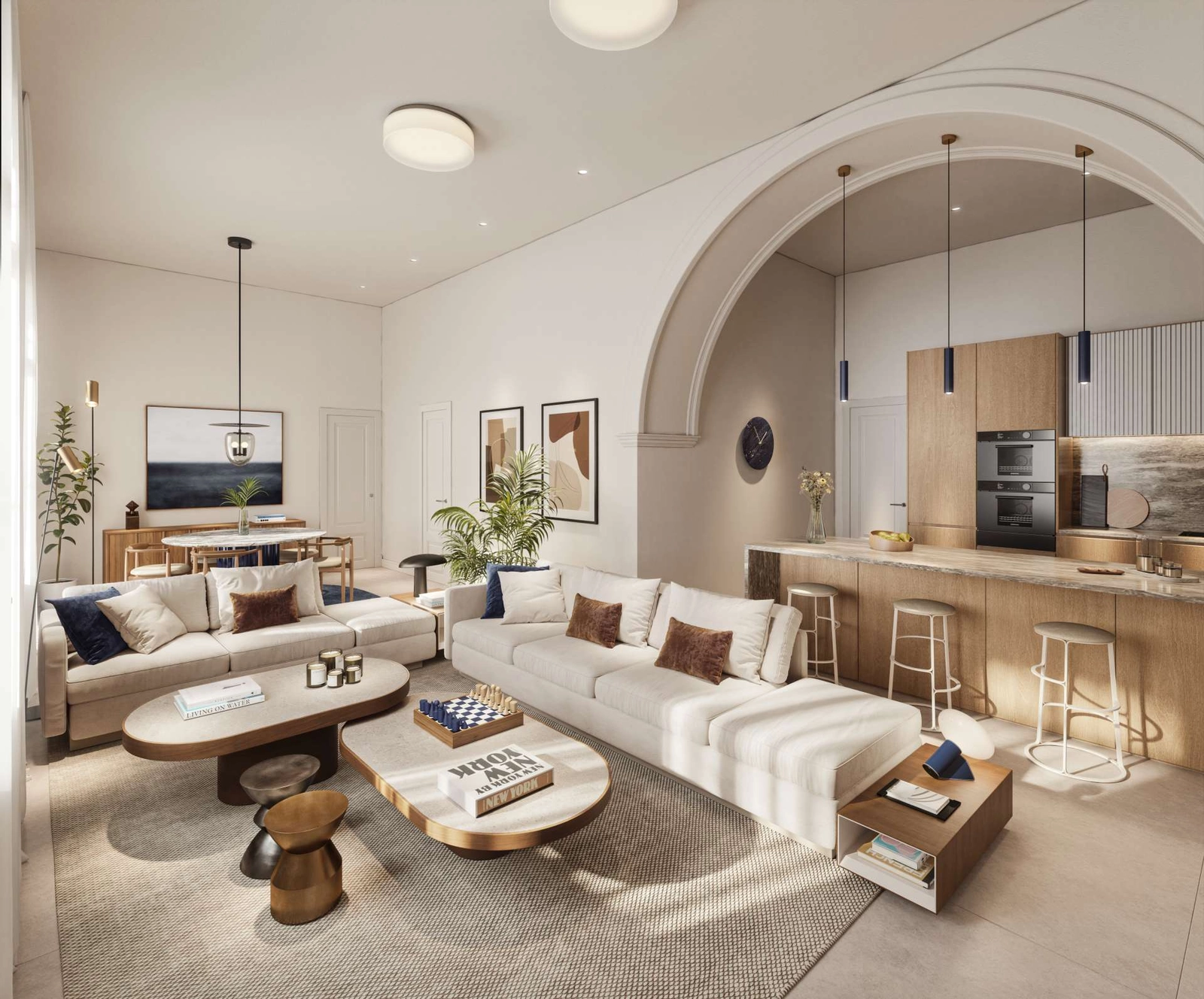Rymliga vardagsrum med öppen planlösning är designade för komfort, och kombinerar modern design med klassiska arkitektoniska detaljer.