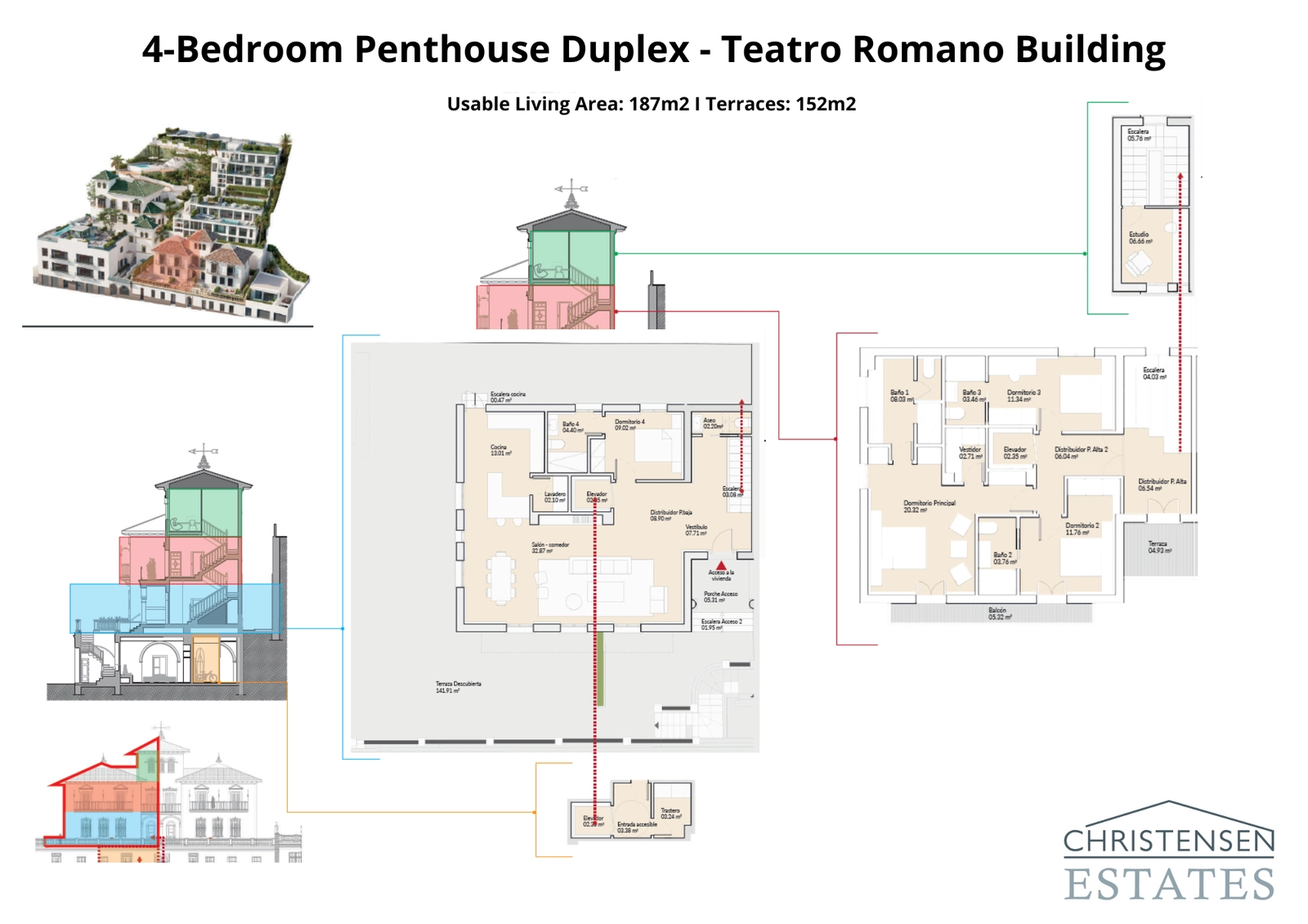 Denna etagelägenhet med fyra sovrum i Teatro Romano-byggnaden erbjuder generöst boende över två våningar med stora terrasser för en exceptionell livsstil.
