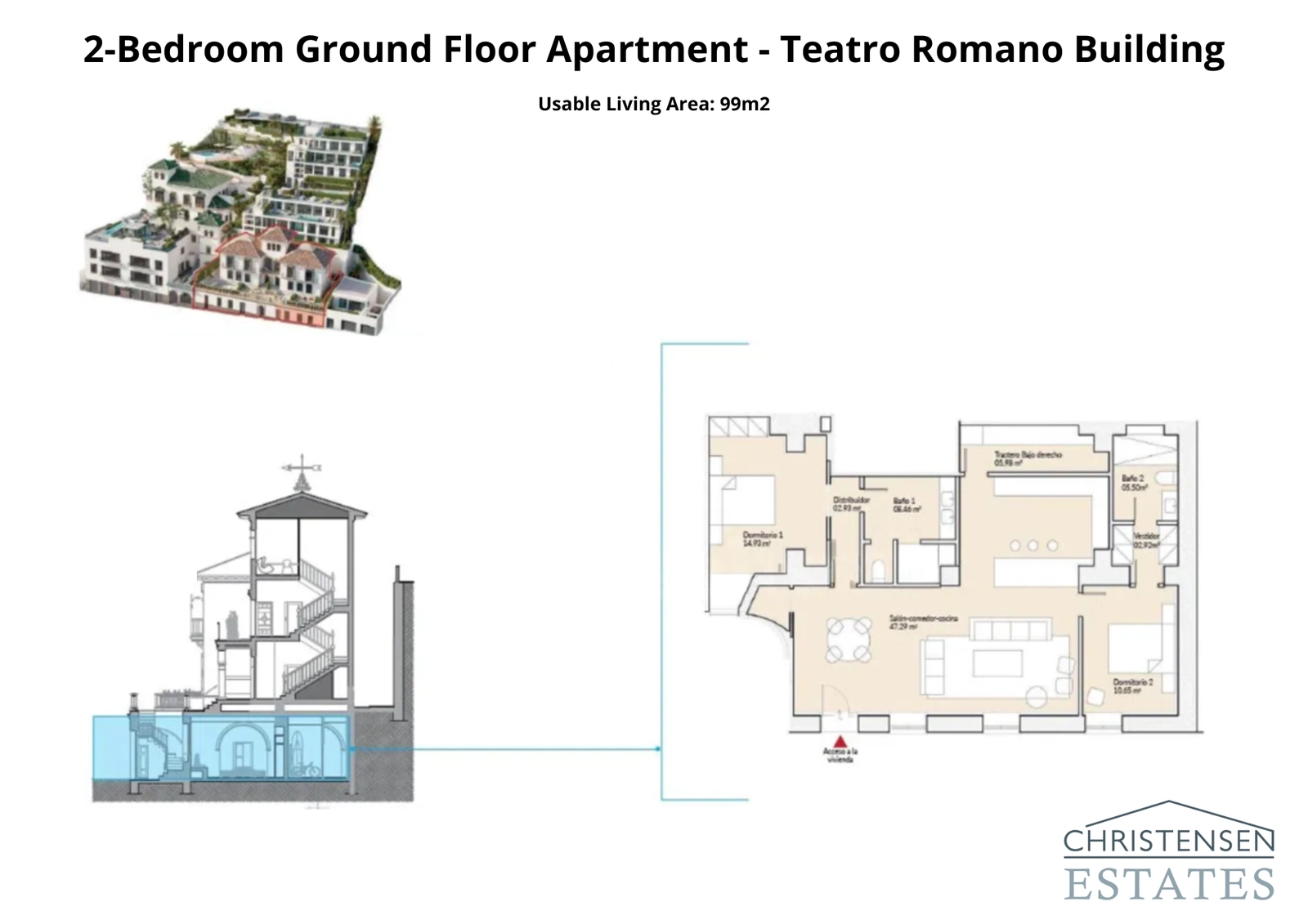 Denna markplanslägenhet med två sovrum i Teatro Romano-byggnaden erbjuder rymliga interiörer och enkel tillgång till en privat terrass.