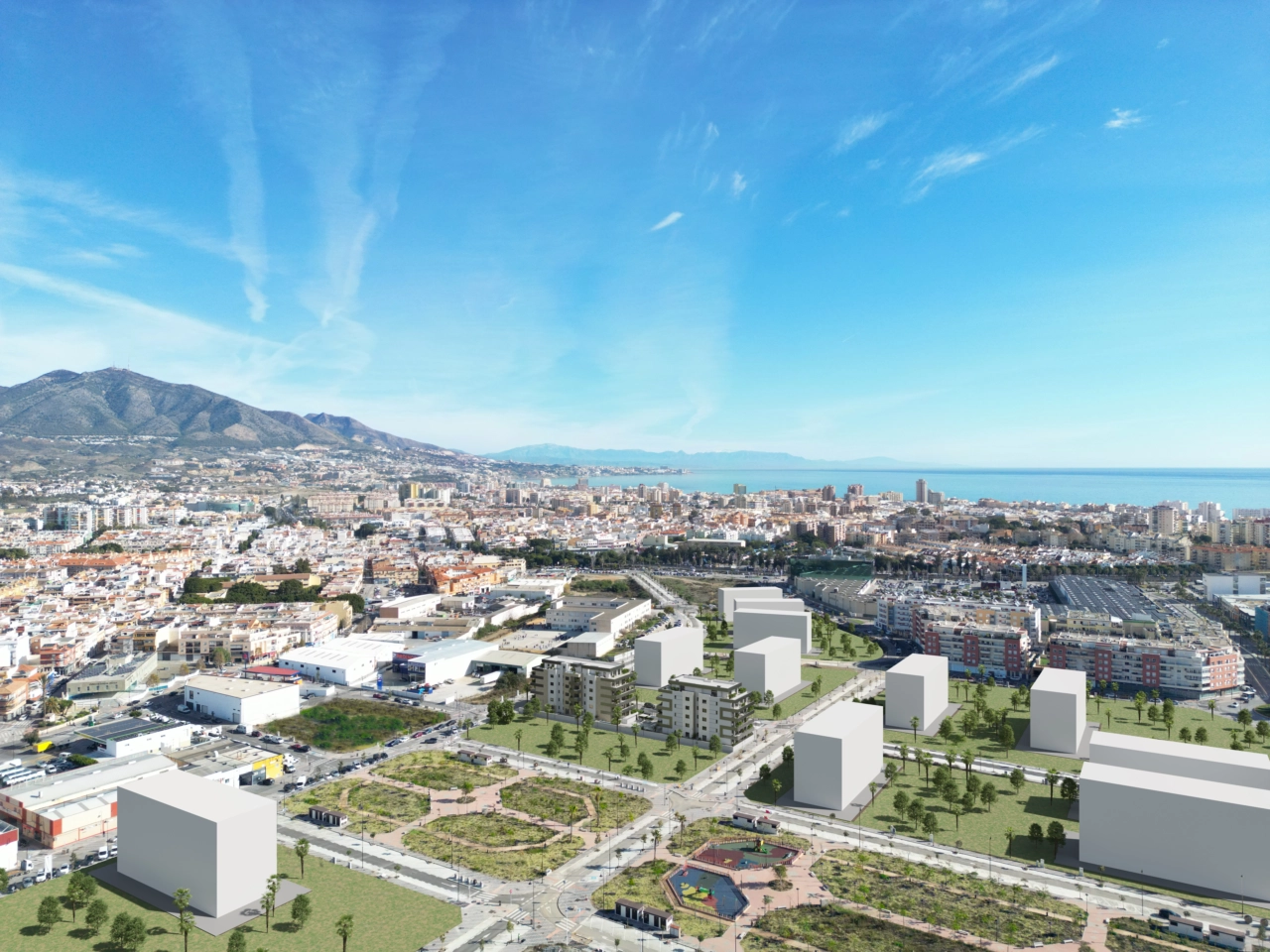 En flygvy över bostadsområdet, som visar dess utmärkta läge nära havet i Fuengirola.
