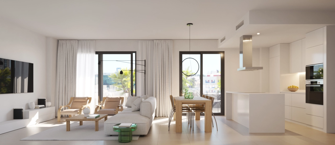 Ljusa, öppna vardagsrum är designade för komfort och modernt boende.