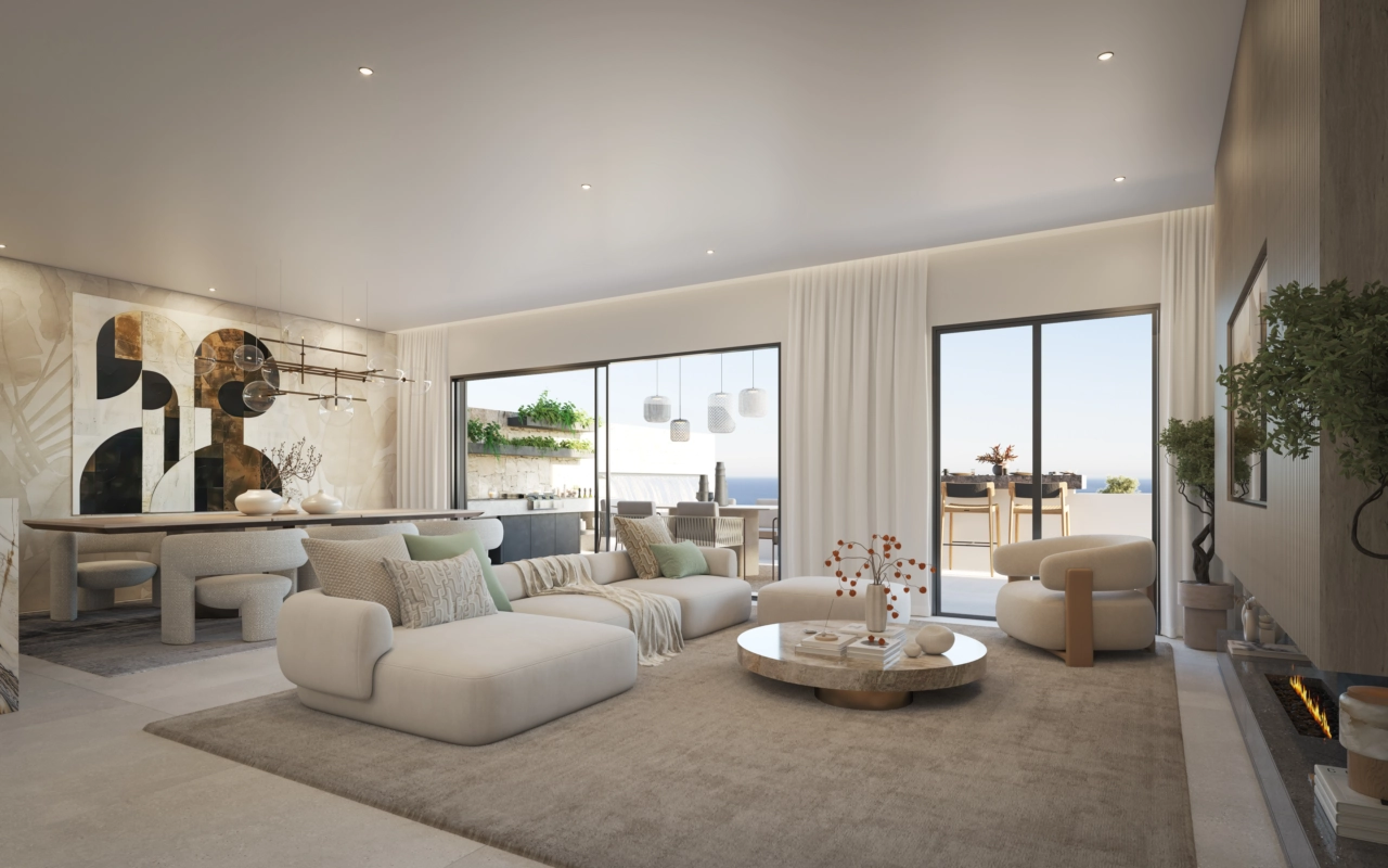 Den ljusa, öppna planlösningen ansluter sömlöst till det stora utomhusutrymmet.