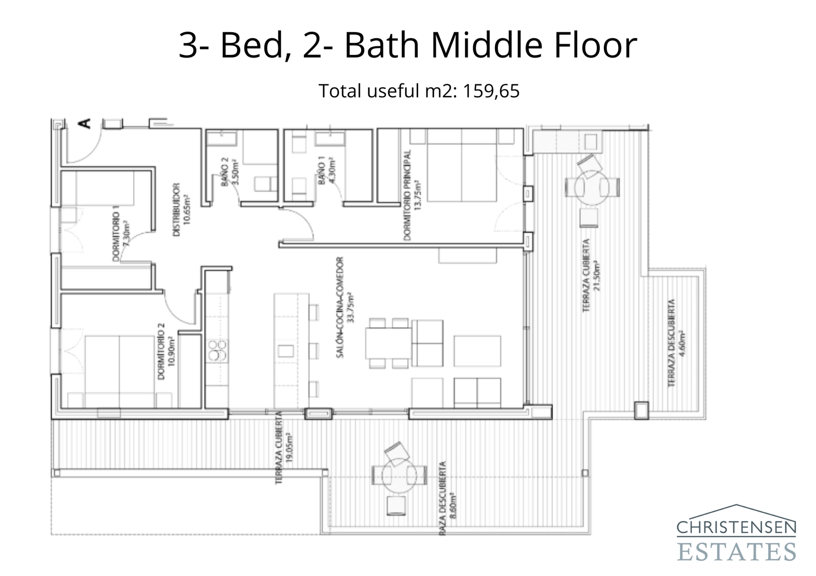 En välutformad planlösning för mellanvåningen med tre sovrum, med rymliga terrasser som utökar boytan utåt, perfekt för att omfamna Medelhavsklimatet.
