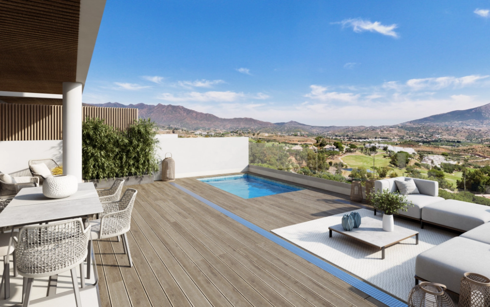 En fantastisk privat takterrass med pool, som erbjuder panoramautsikt över Mijasbergens och golfbanans. 