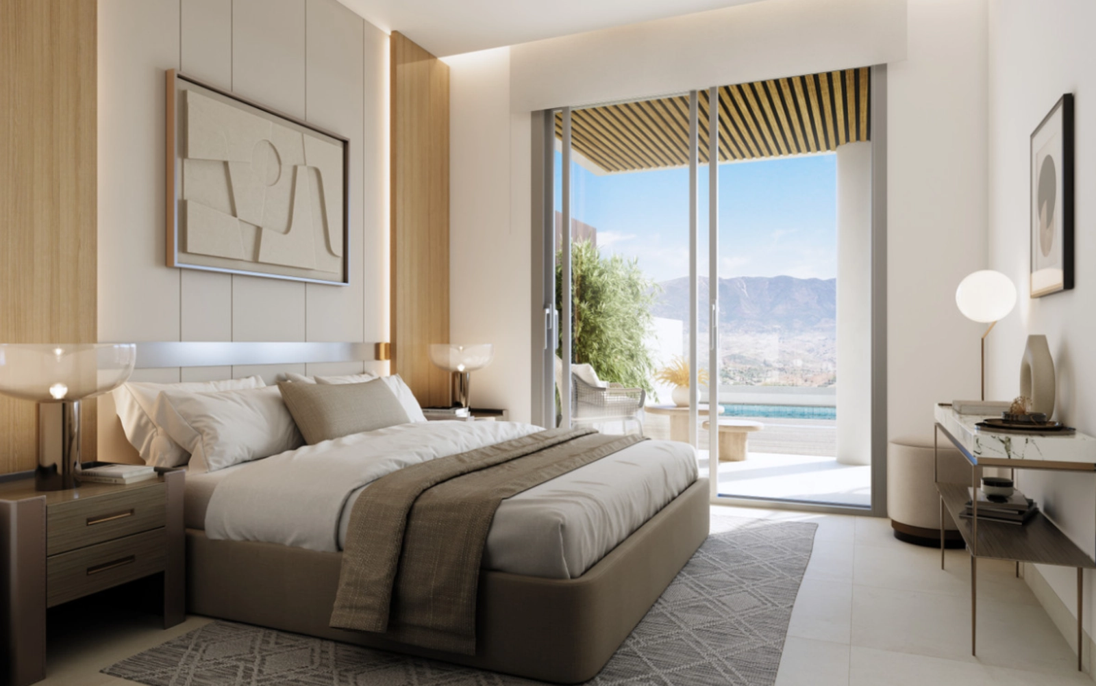 Det ljusa och rymliga vardagsrummet öppnar direkt mot terrassen, vilket skapar ett stort, ljust utrymme för avkoppling.