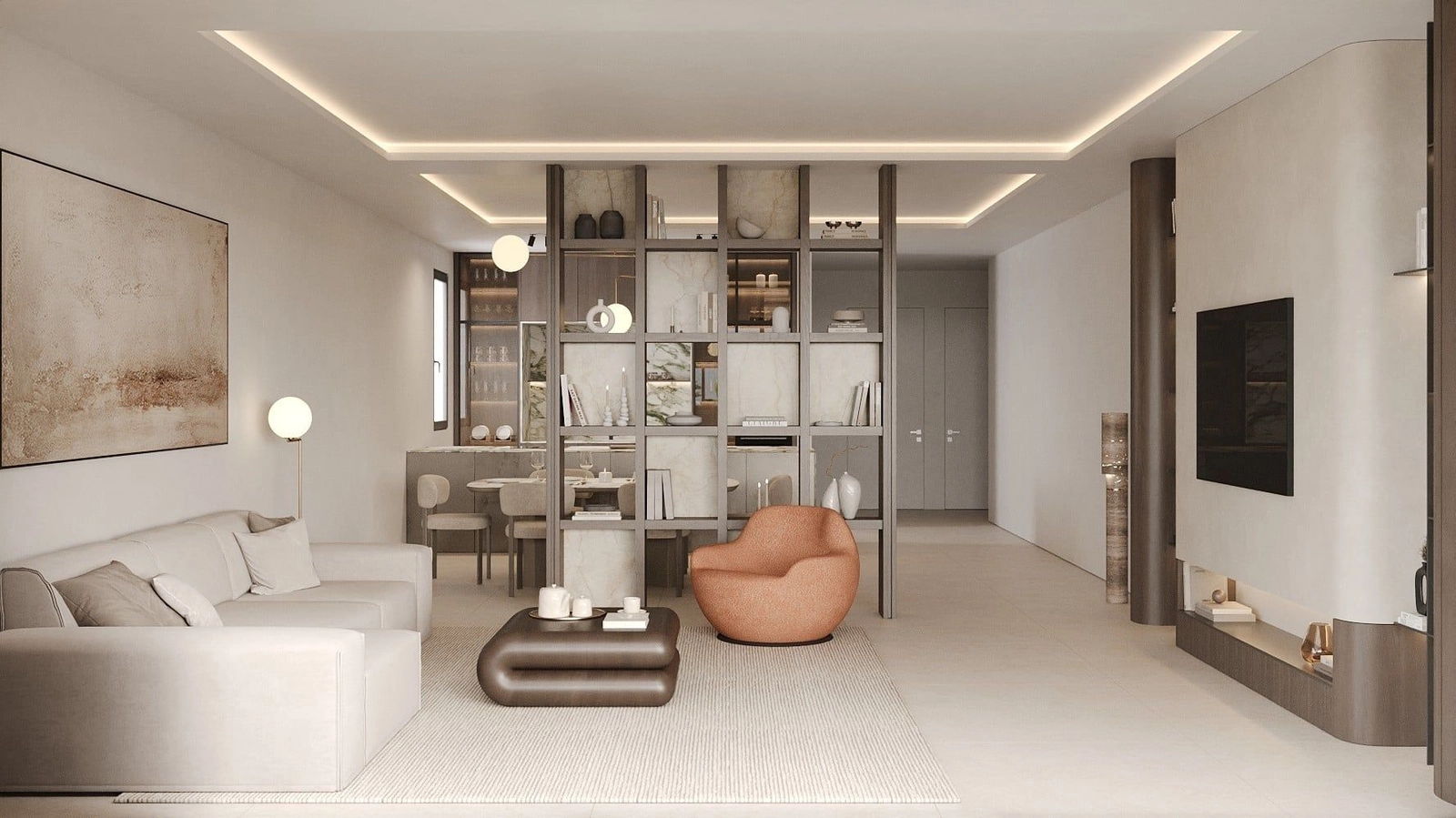 Ljusa och sofistikerade vardagsrum designade för komfort och modern elegans.