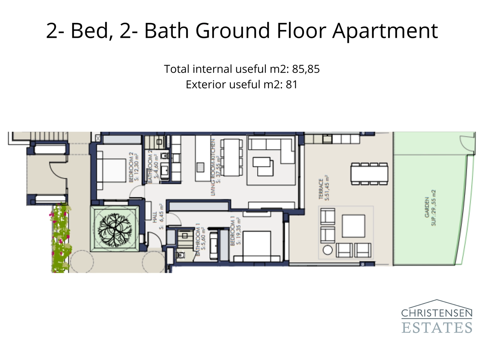 En genomtänkt planlösning för en bottenvåningslägenhet med två sovrum, med ett sömlöst flöde till en stor terrass och privat trädgård.