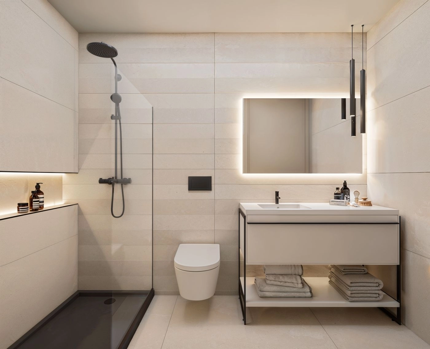 Ett stilfullt och modernt badrum en suite, designat med högkvalitativa material och modern inredning för ultimat komfort.