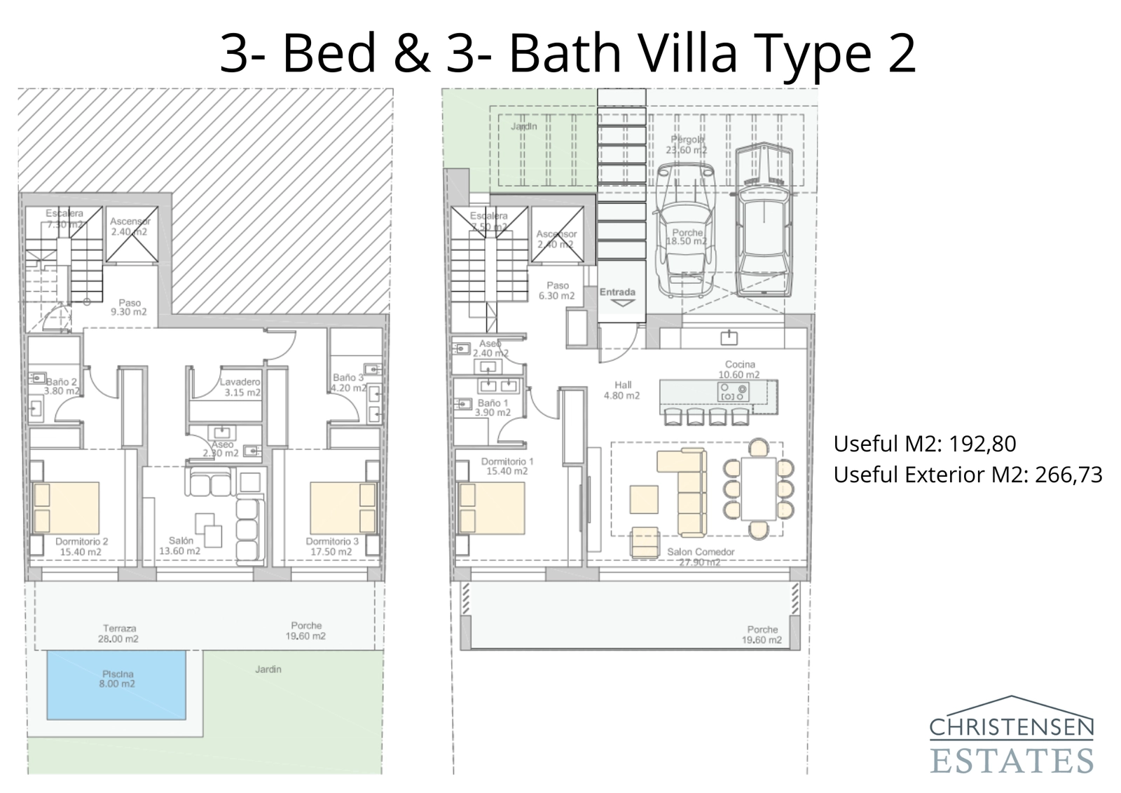 Planritning för villa typ 2, som illustrerar den generösa layouten med tre sovrum med eget badrum och rymliga vardagsrum designade för modern komfort.