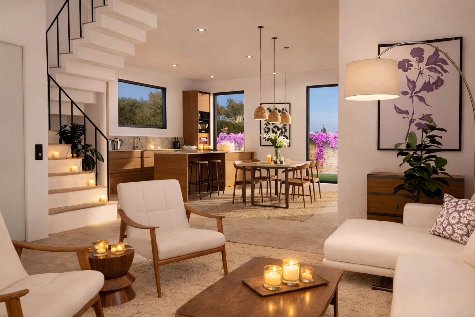 Den öppna planlösningen förbinder vardagsrum, matplats och kök och skapar ett harmoniskt flöde genom hela huvudvåningen.