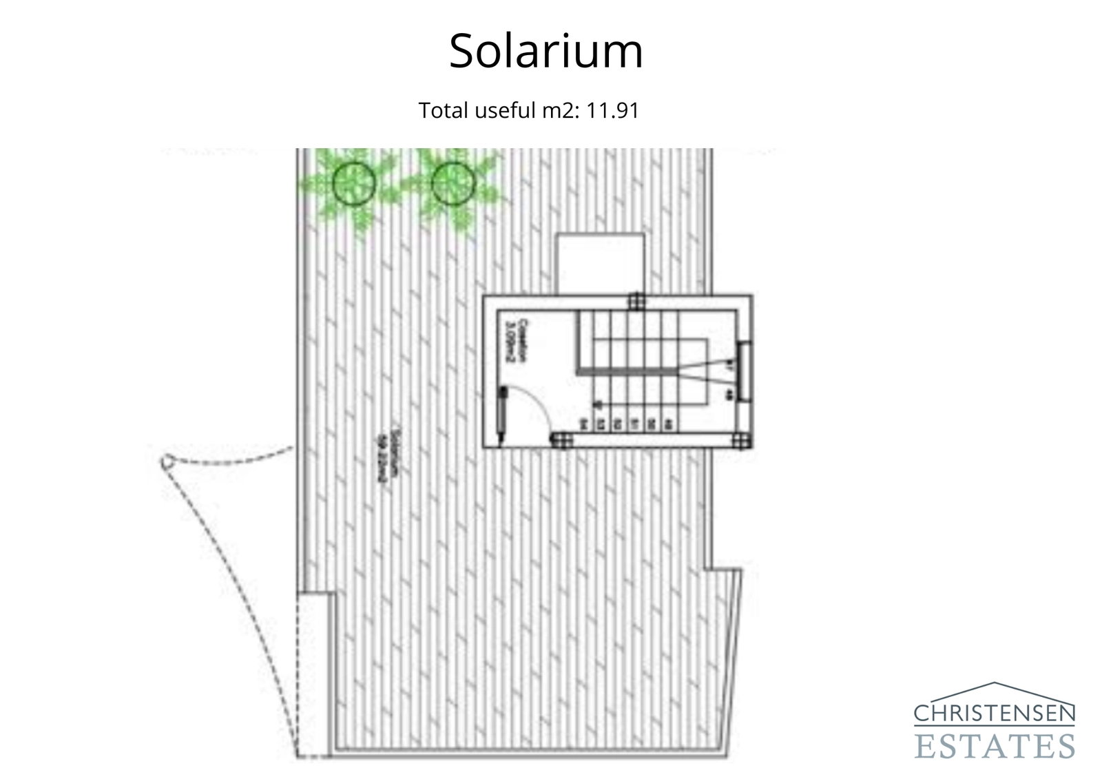 Planlösningen för taksolariet, ett mångsidigt utrymme på 60 m² perfekt för att skapa en utomhuslounge, matplats eller privat soldäck.