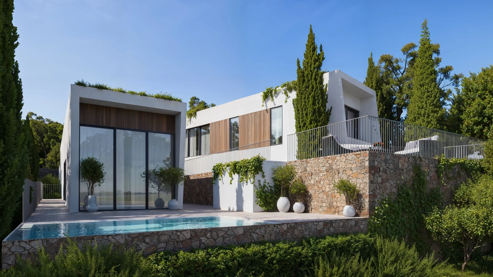 Rena linjer och naturliga material skapar en sofistikerad exteriör som är i full harmoni med sin naturliga miljö.