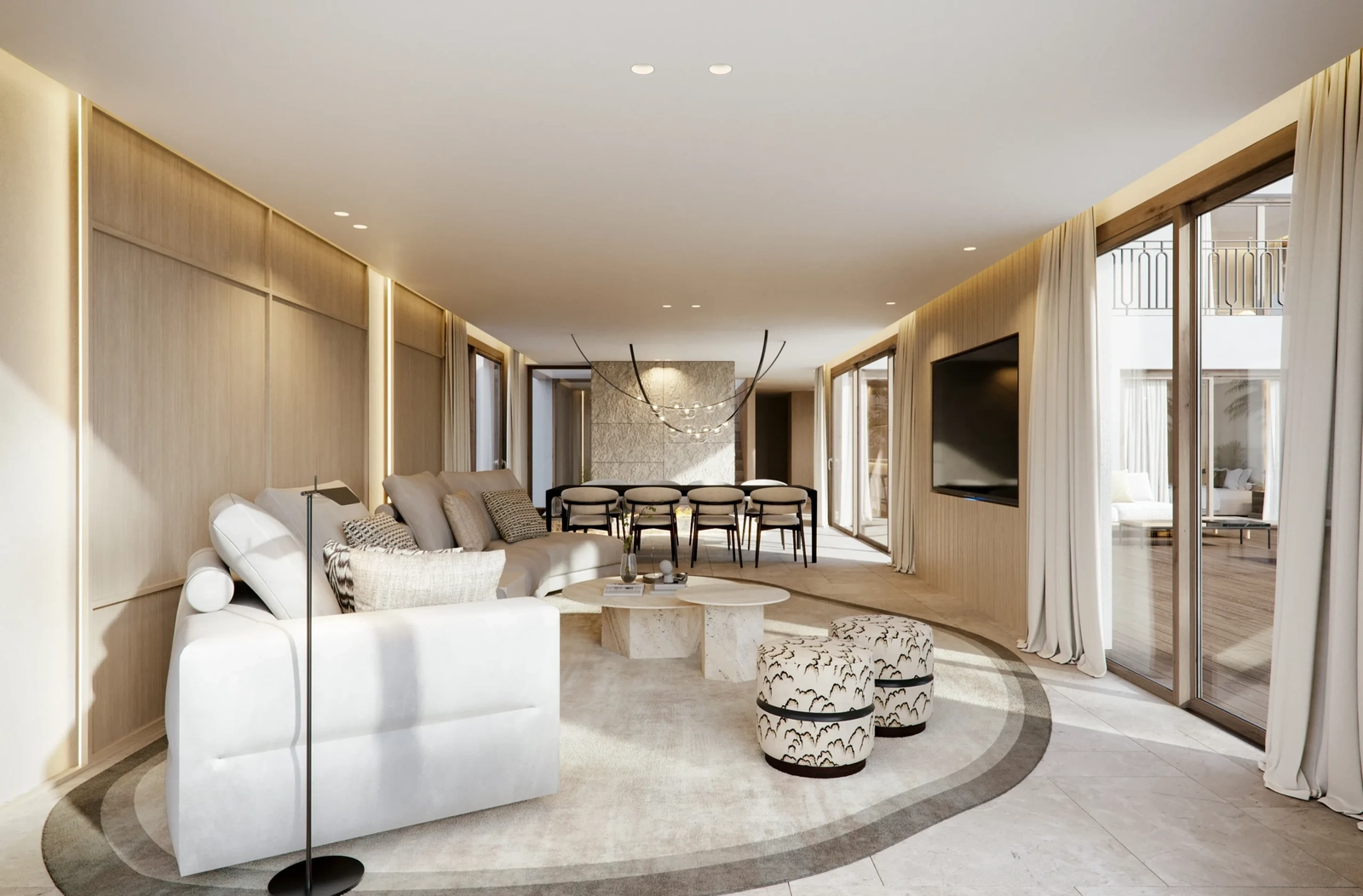 Stora fönster kopplar samman de inre vardagsrummen med de vackra utomhusterrasserna, vilket skapar en flytande boendeupplevelse.