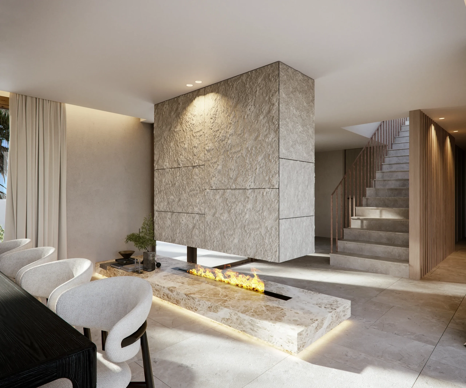 En modern eldstad av natursten fungerar som en fantastisk mittpunkt och tillför värme och stil.